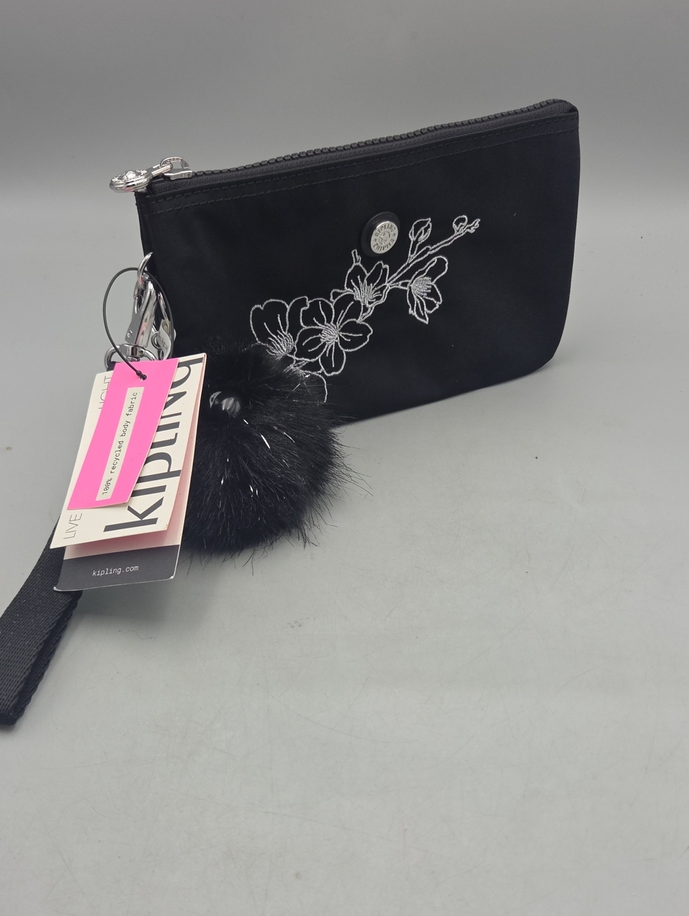 Kipling Creativity XL Wristlet Black Floral embroidery New